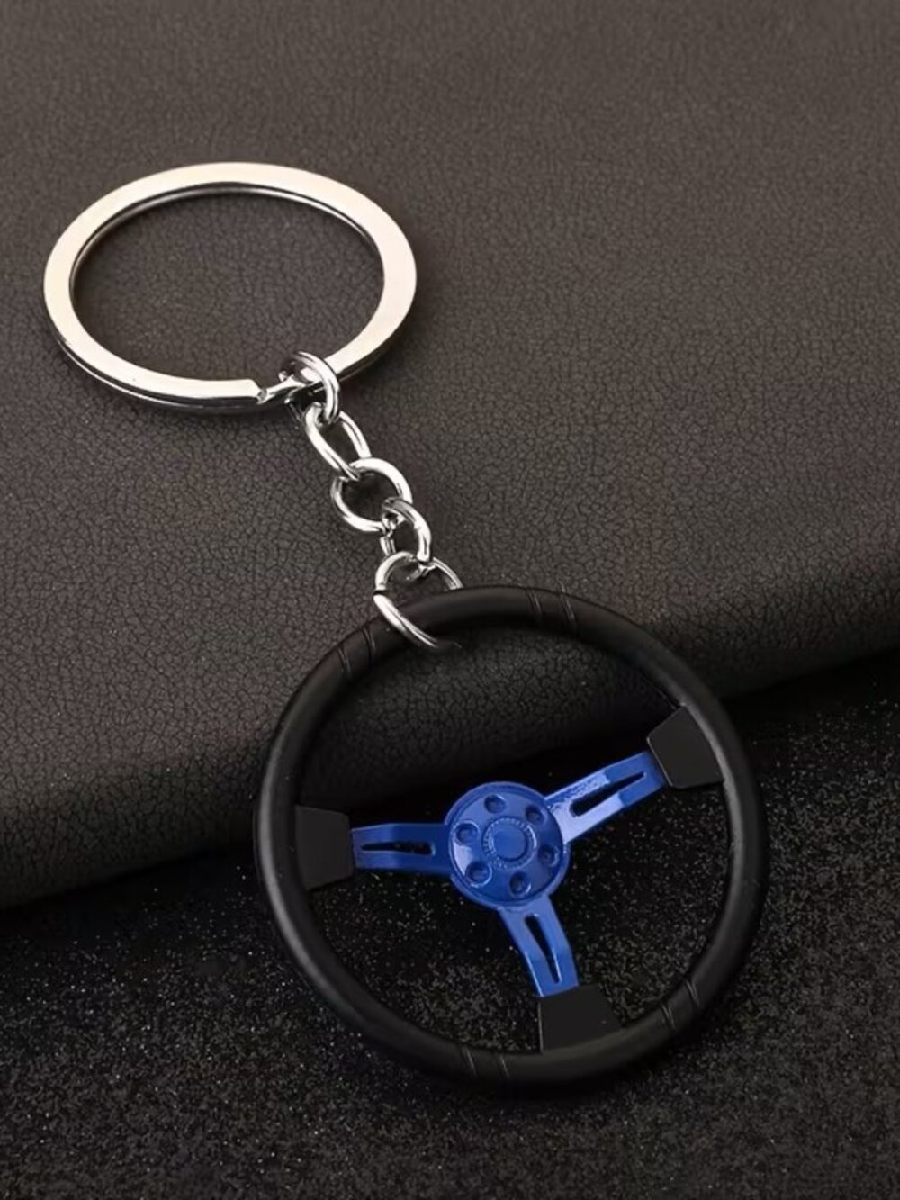 Blue 3 Spoke Racing Steering Wheel Keychain Drift Car Key Ring Enthusiast Gift